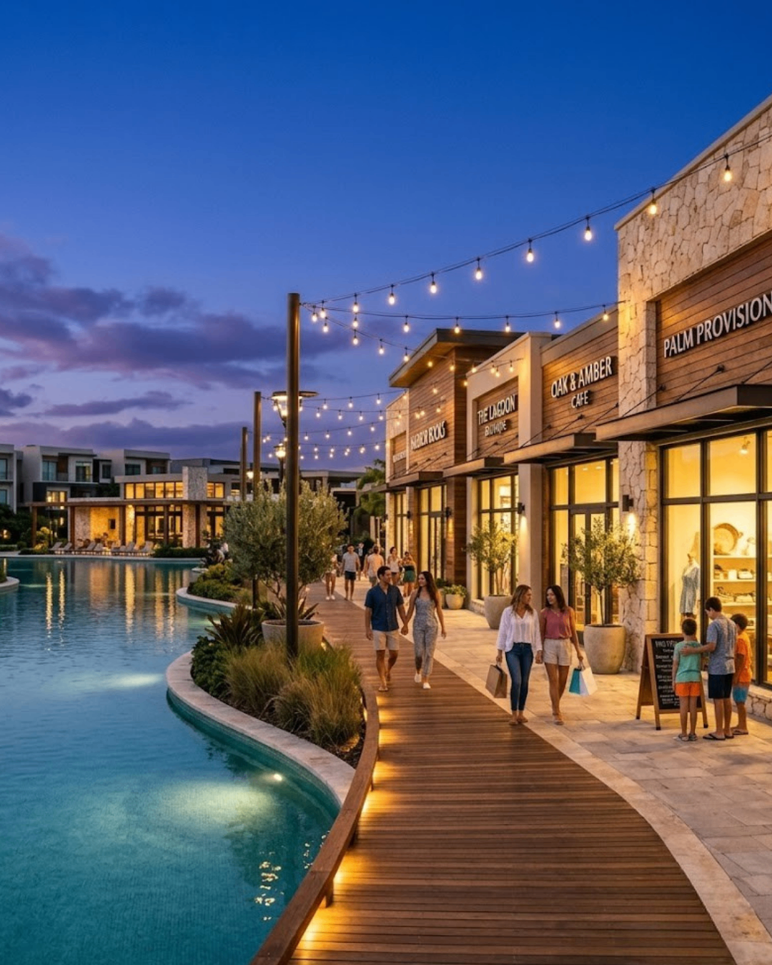 Walkable retail promenade at night