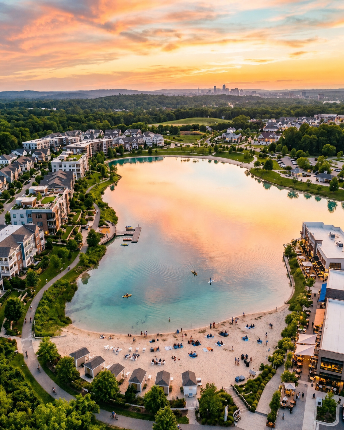 Aerial view of lagoon and development