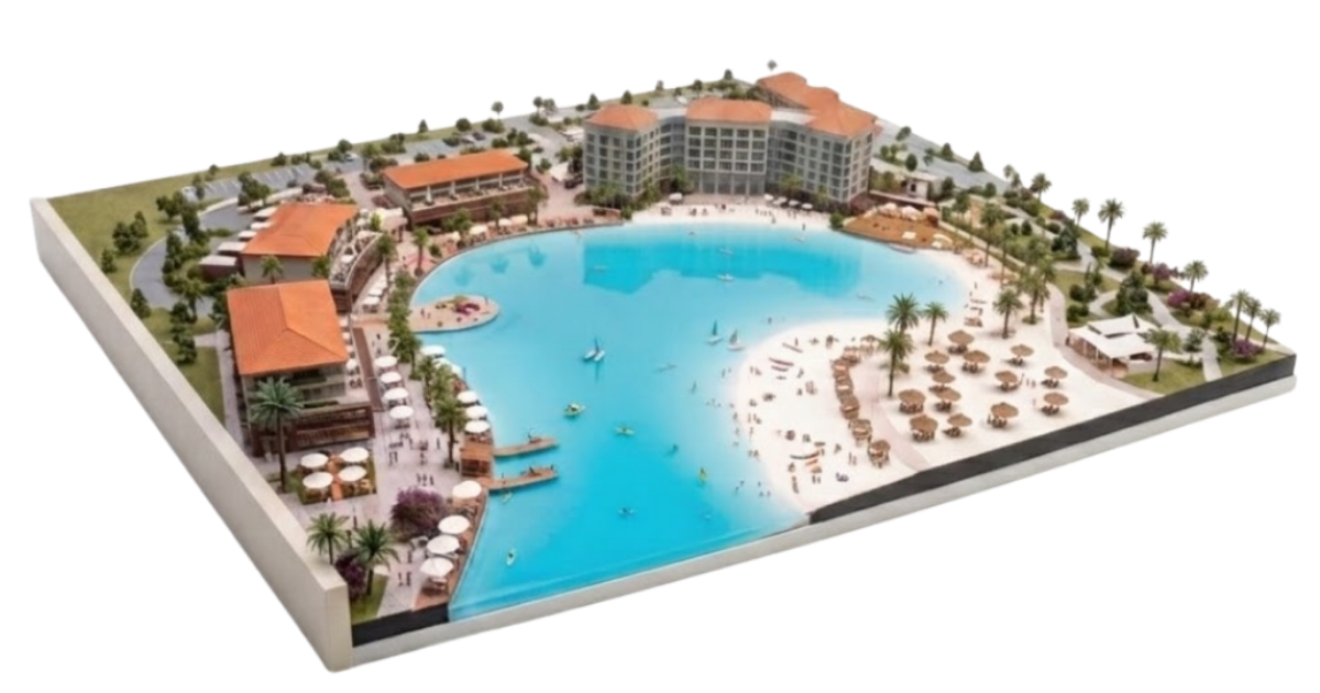Physical scale model of the Leander Springs lagoon, beach, hotel, and retail